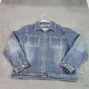 Street Code Jacket Womens 2X Blue Denim Rhinestone Studded Zip Back Graphic
